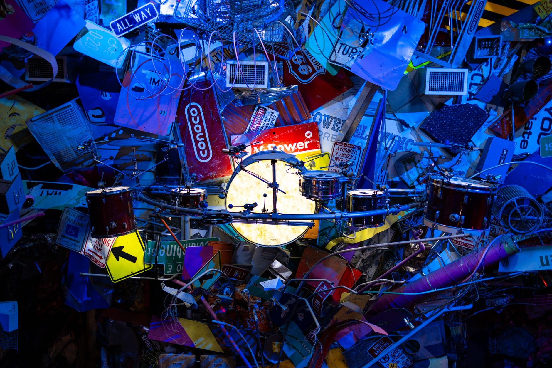 Studio drums in neon light